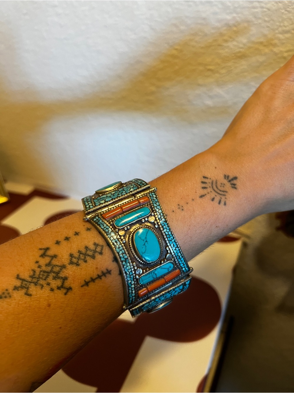 Turquoise and Coral Inlay Statement Cuff Bracelet